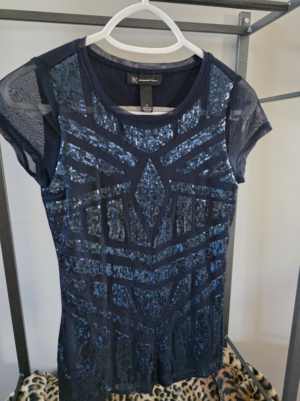 INC International Concepts Navy Sequin Mesh Top